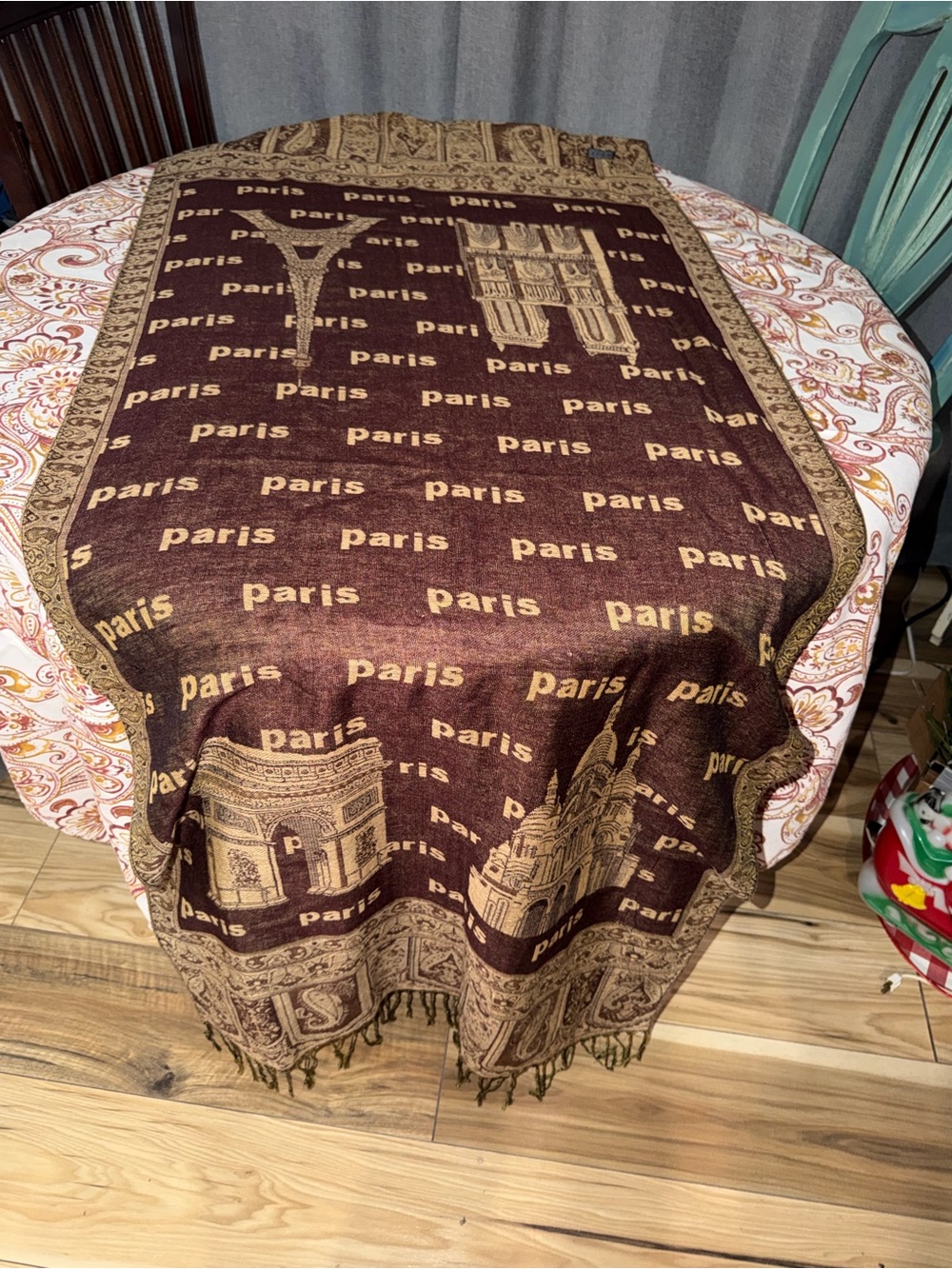 Paris Themed Brown & Tan Woven Viscose Scarf with Fringed Ends.